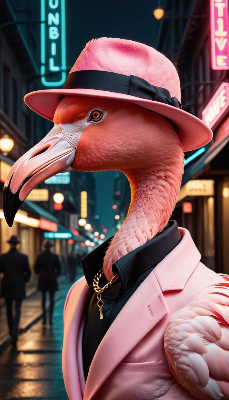 Suave Flamingo Detective in Noir Cityscape