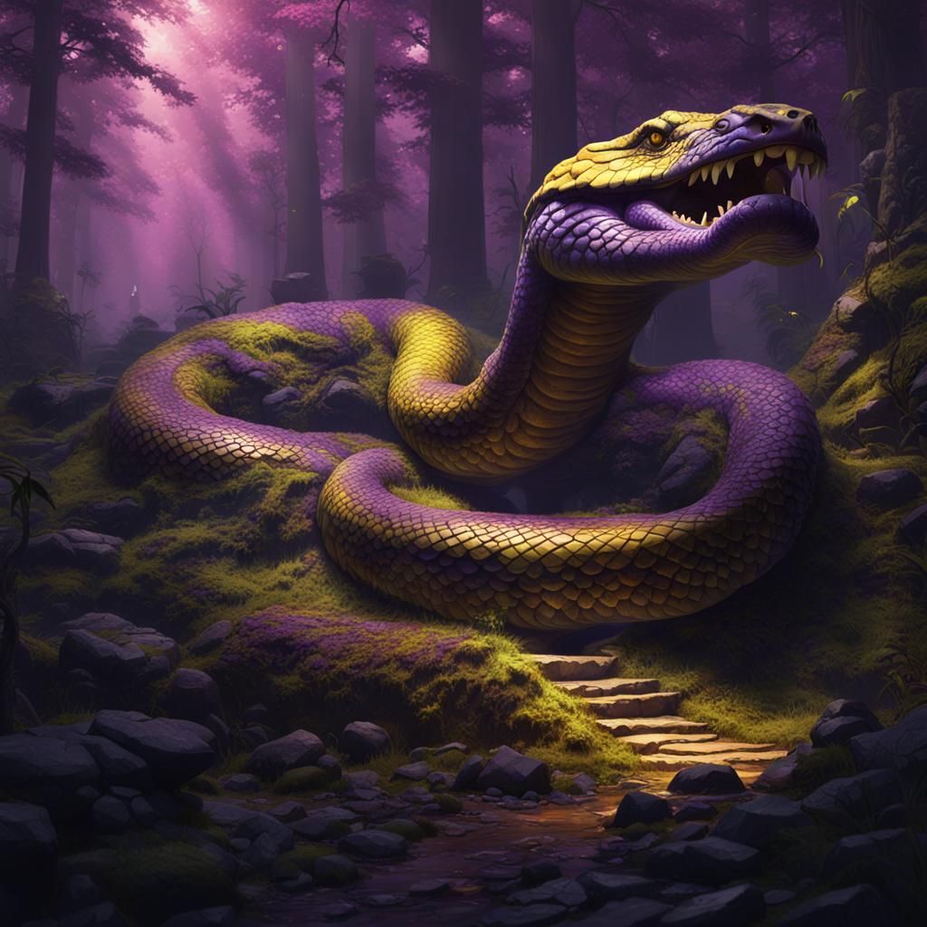 Fantasy Snake Slithering Through Forest, Detailed Art