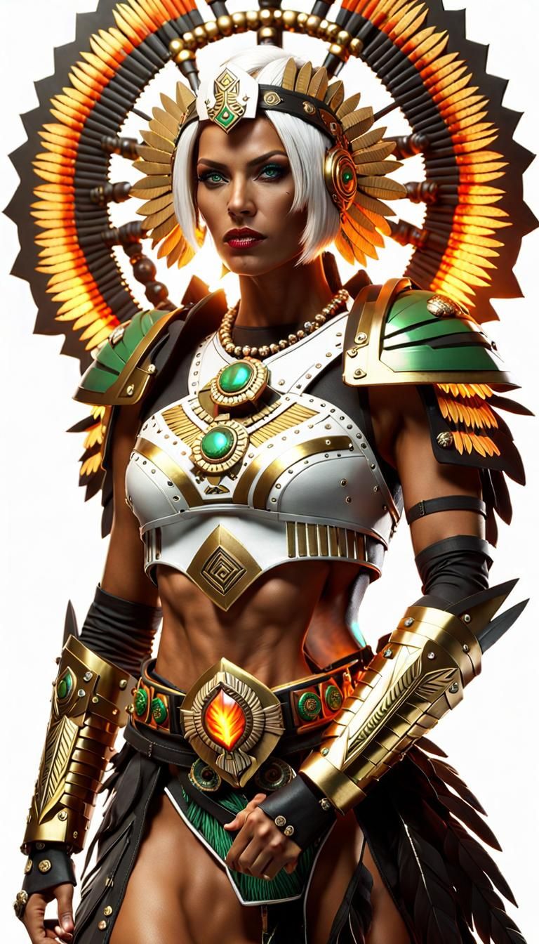 Aztec Warrior Woman with Flaming Sword in Cyberpunk Style