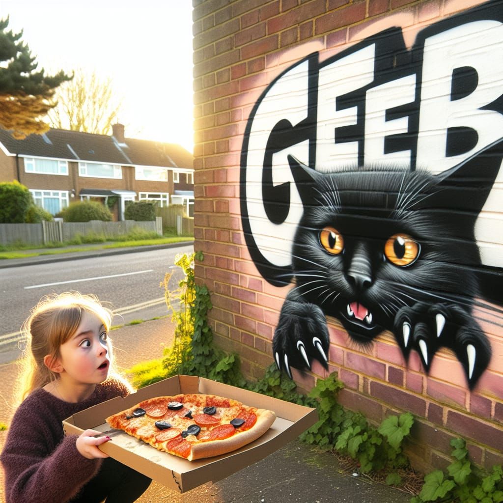 Graffiti Mural 'Geeb' with Cat Stealing Pizza