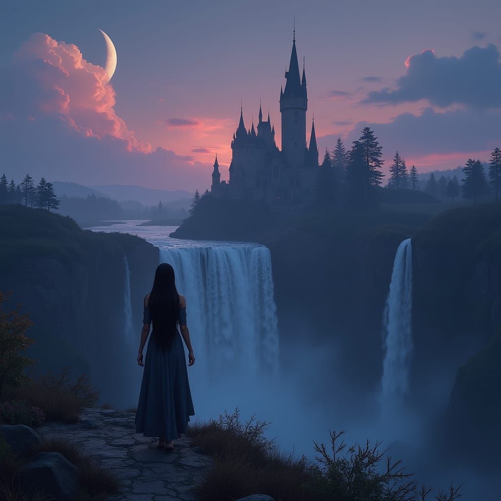 Ethereal Castle Scene at Dusk with Crescent Moon