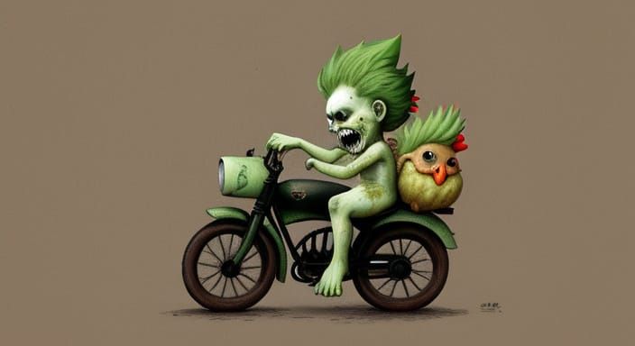 Baby Zombie Riding a Chicken in a Dark Humorous Style