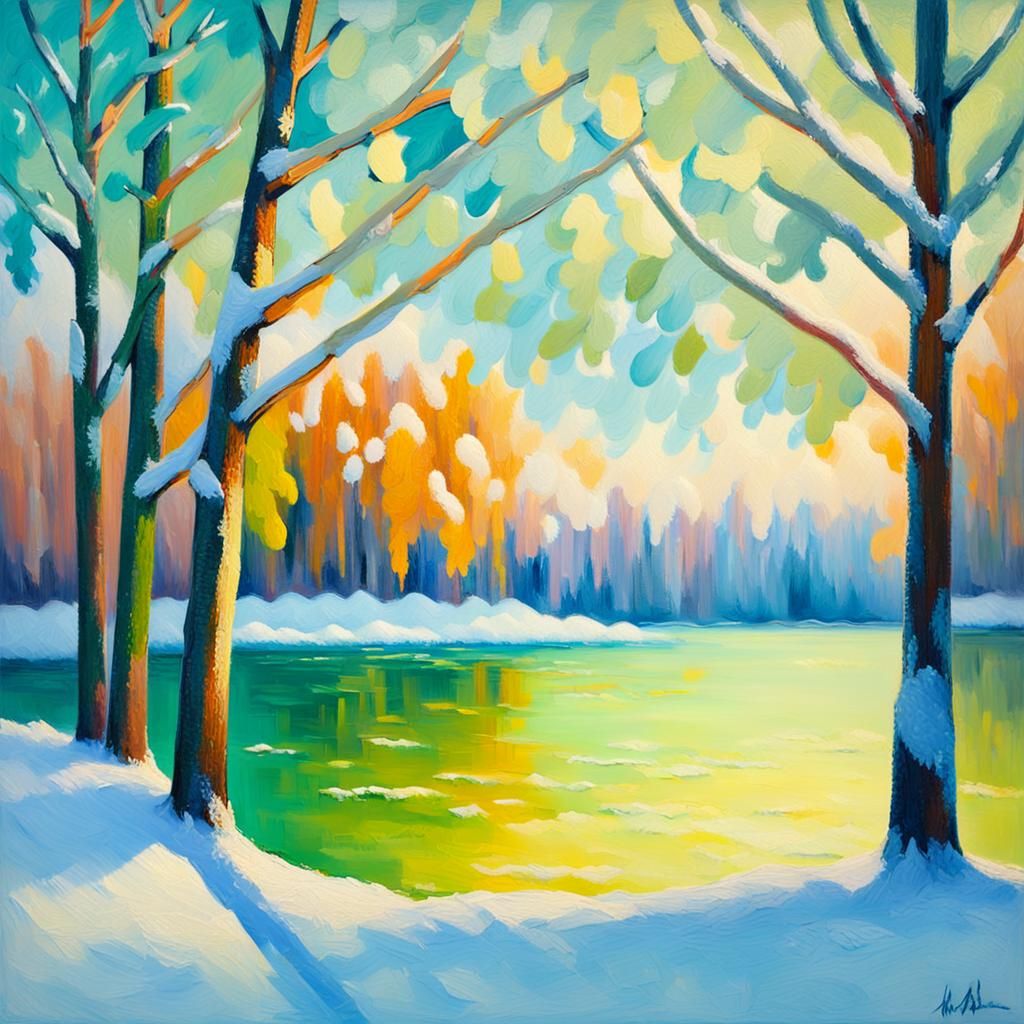 Vibrant Winter Landscape as Impressionist Oil Painting