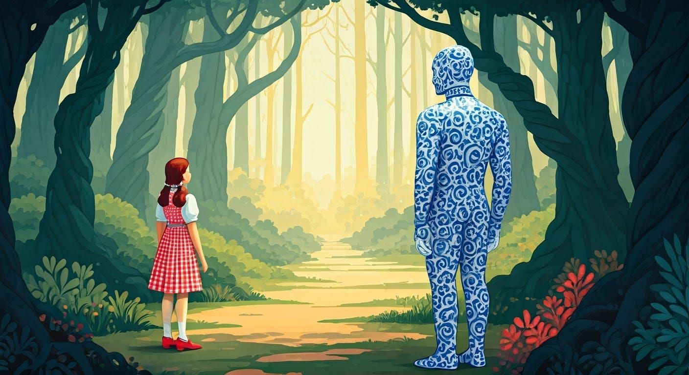 Dorothy in Whimsical Oz Landscape with Porcelain Man