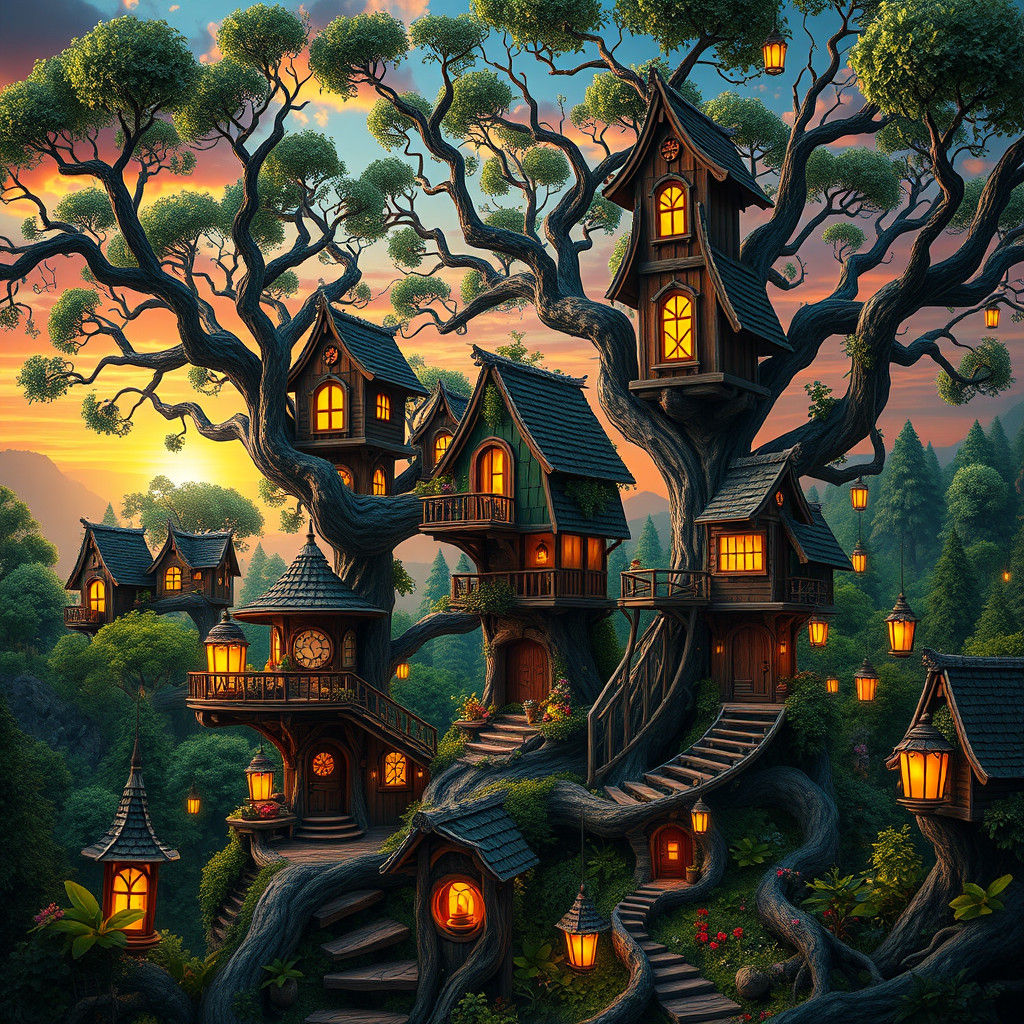Enchanted Treehouses in Lush Forest, Matte Painting