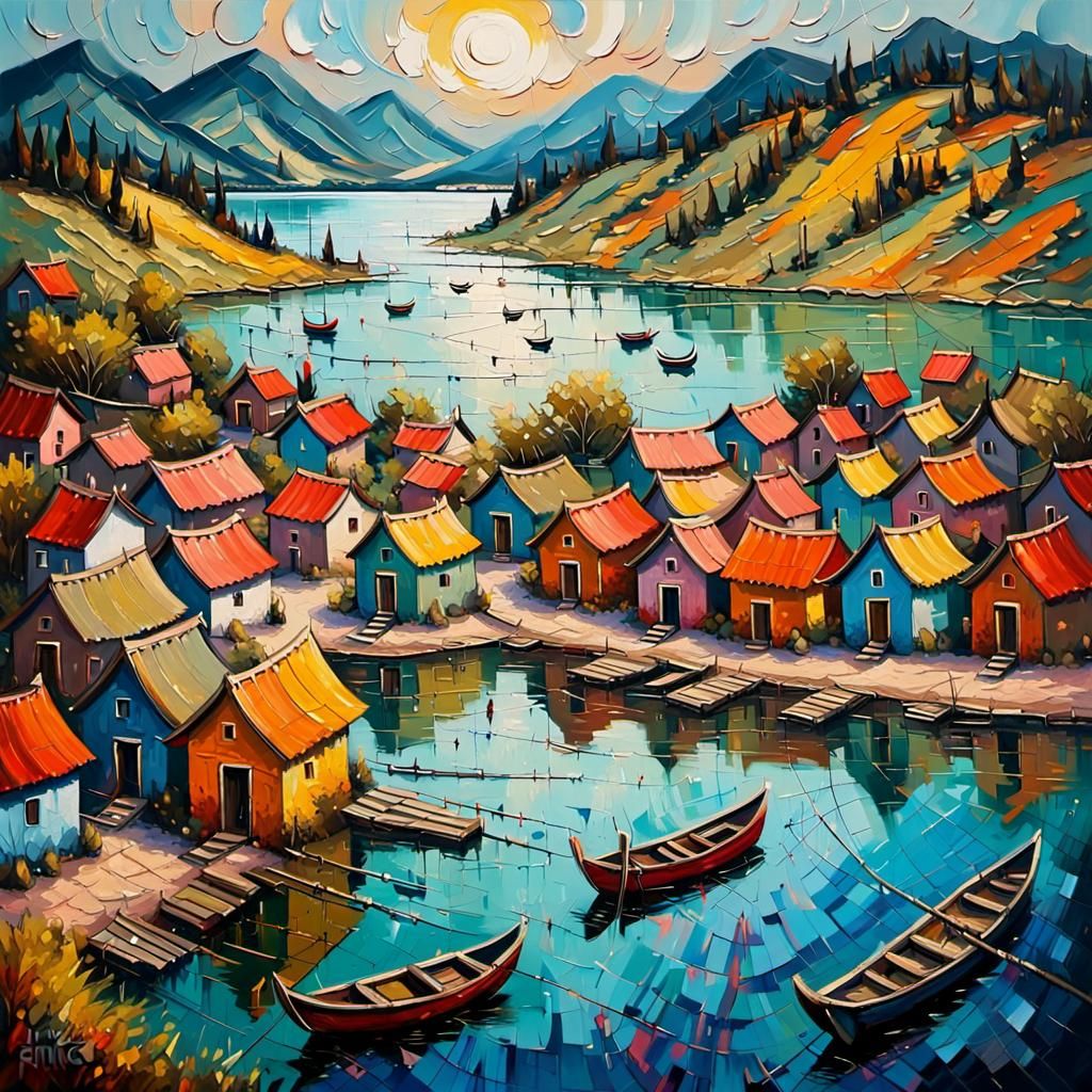 Lakeside Fishing Village in Neo-Impressionist Style