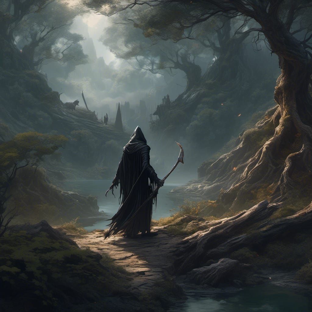 Grim Reaper in Mountain Pass: Dark Fantasy Anime Art