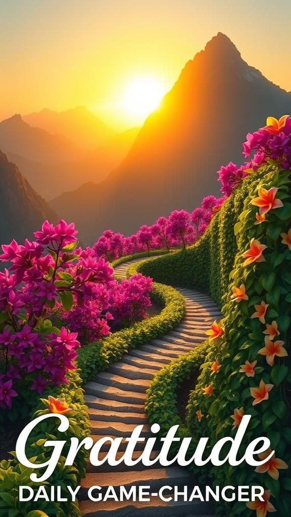 Serene Mountain Landscape with Floral Path and Typography