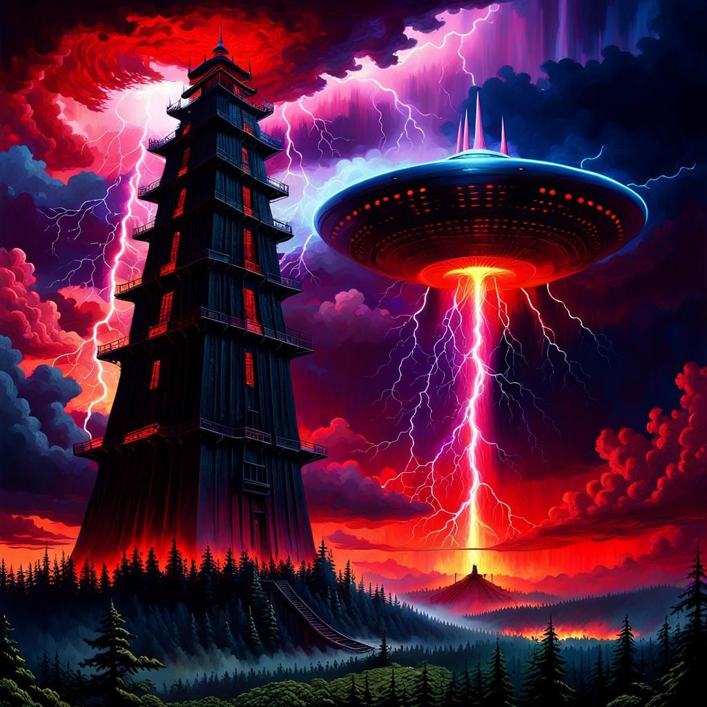 Enchanting Chaos: A Psychedelic Blacklight Journey through a Majestic Lightning Storm and UFO Ship Rising above a Red Gl...