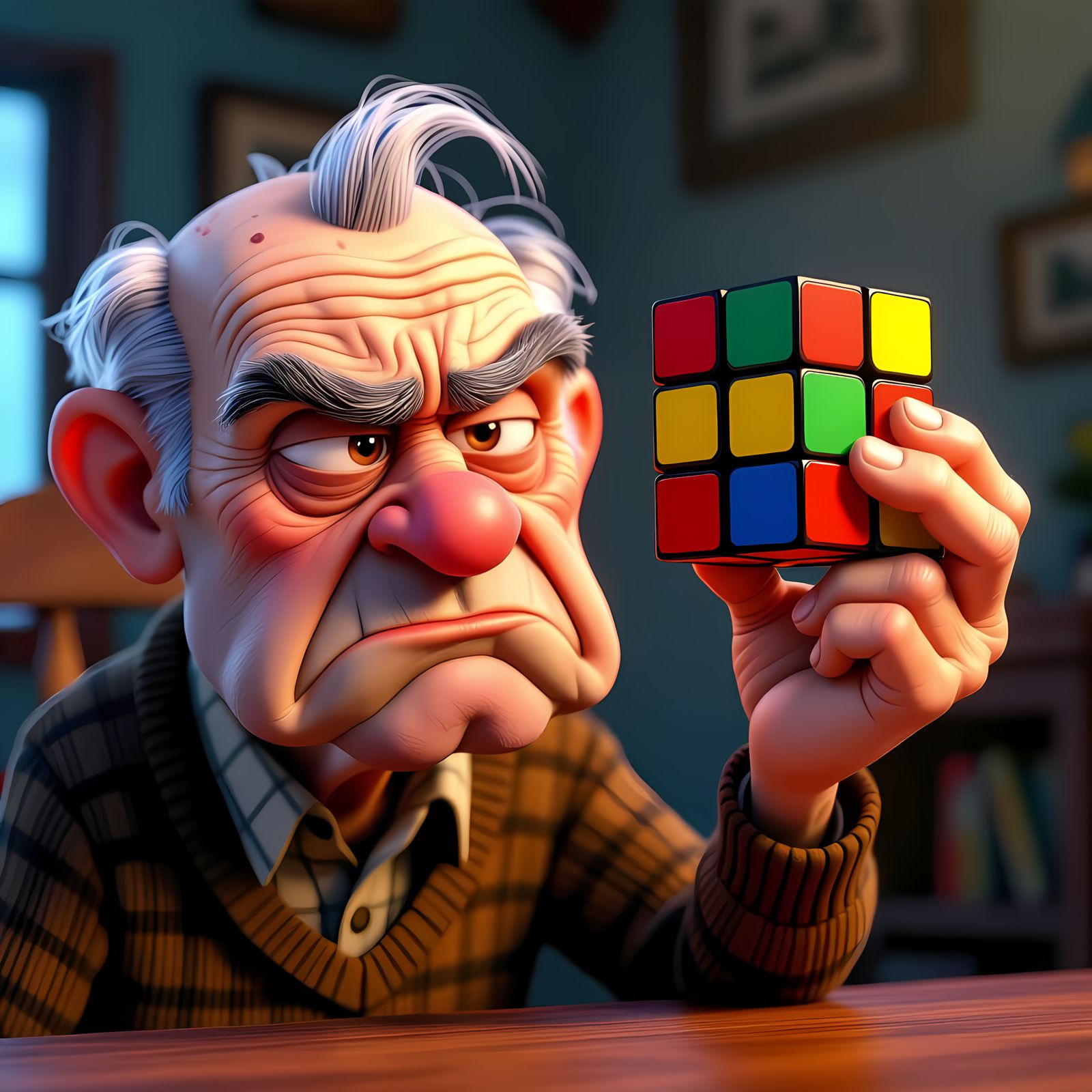 Grumpy Old Man and Rubik's Cube in Pixar Style