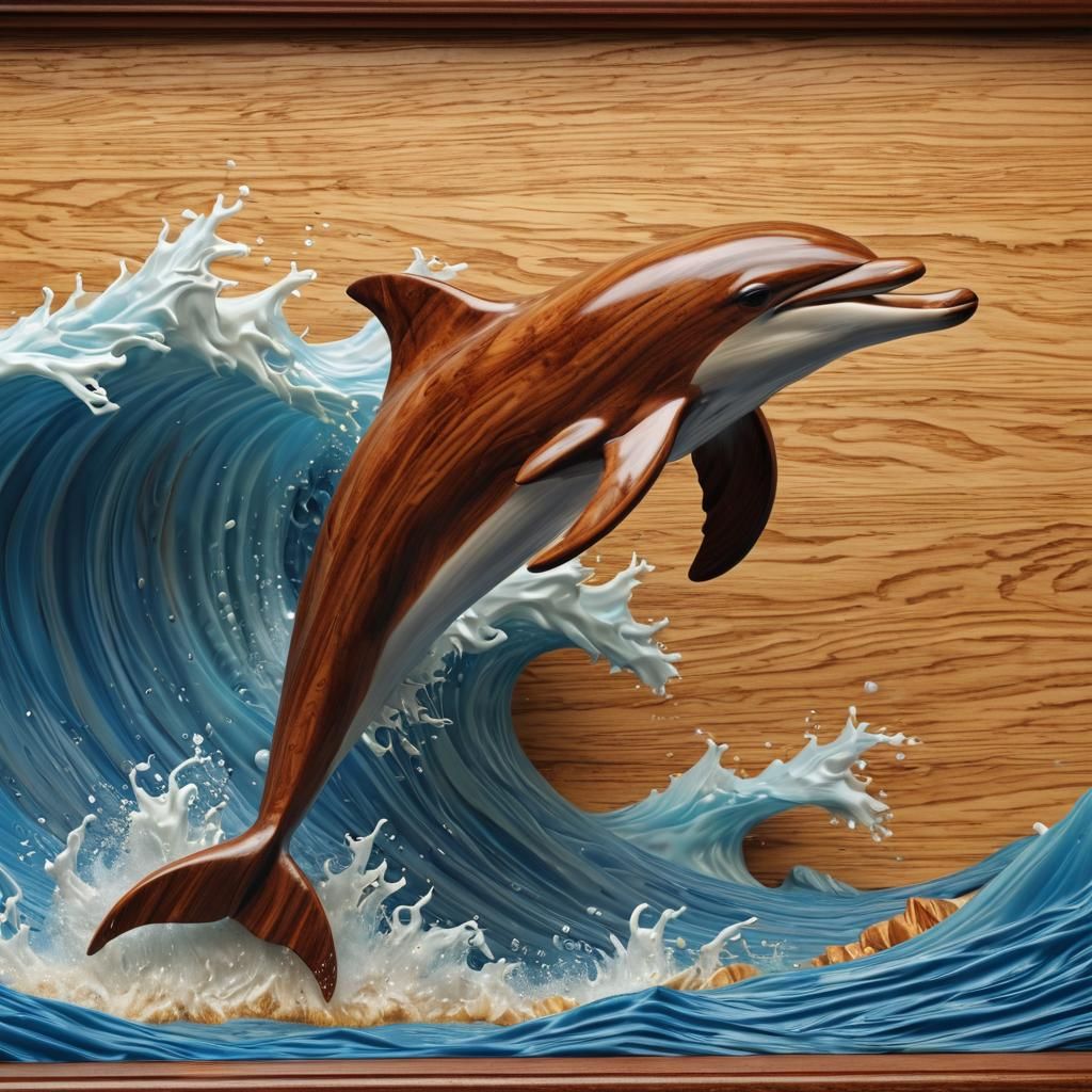 Cherrywood Dolphin Carving in Hyperrealism