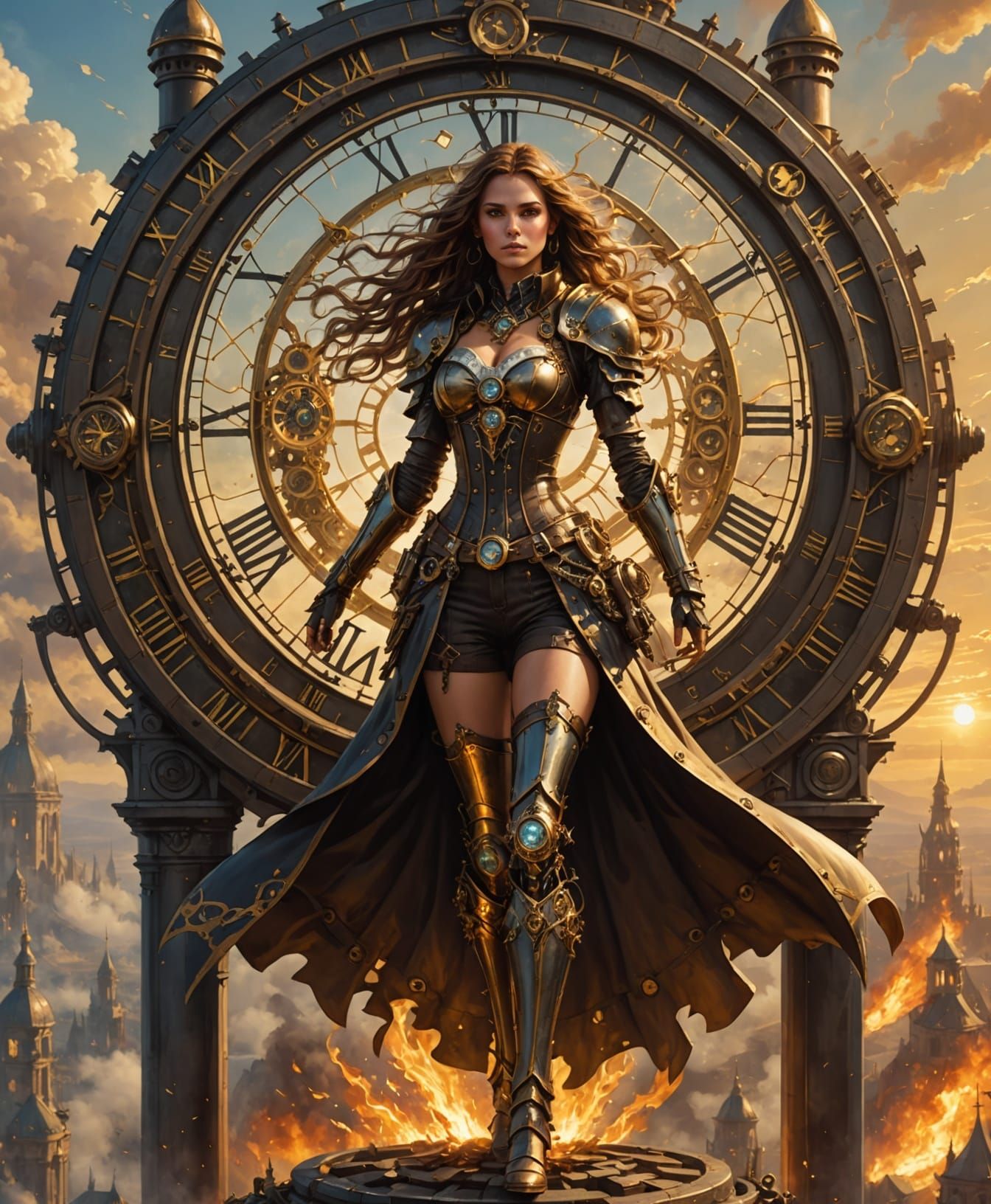 Steampunk Time Keeper on Clock Tower Overlooking Fractured H...