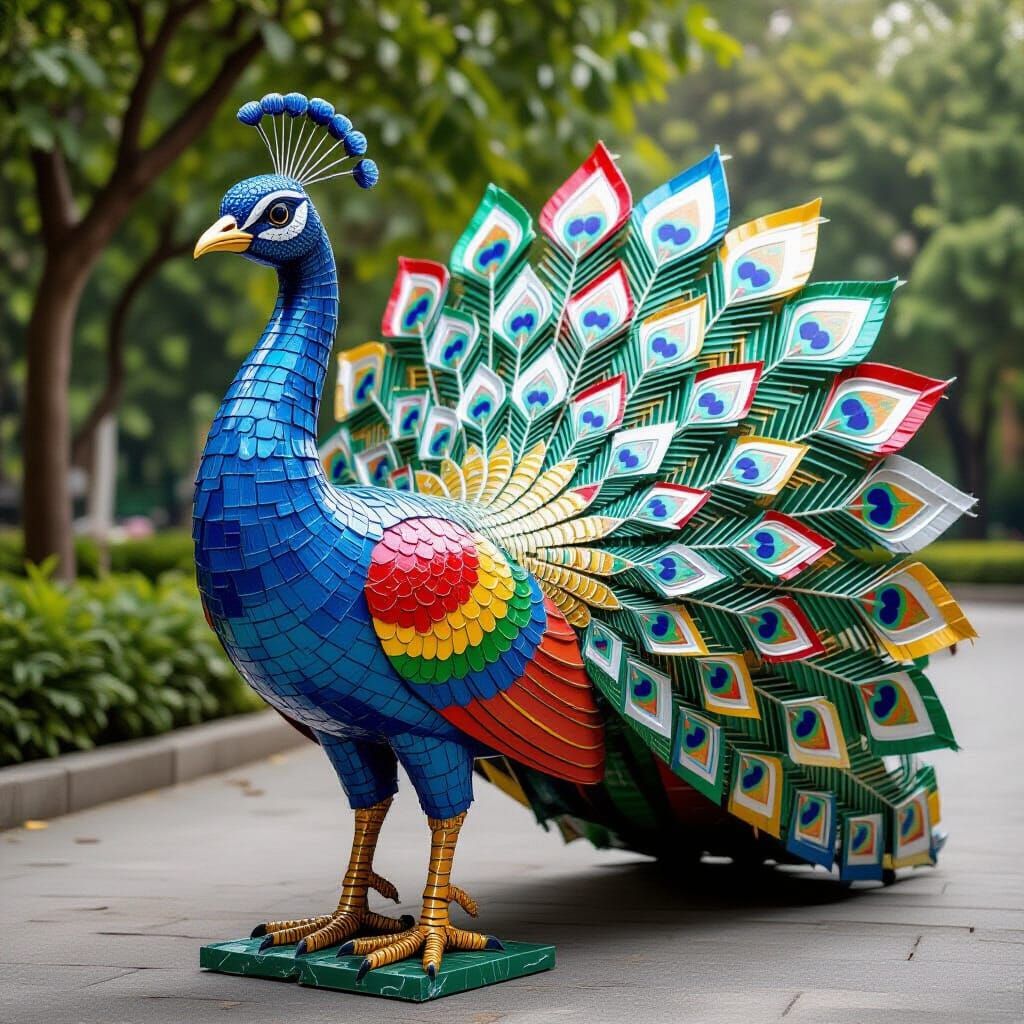 Plastic Waste Peacock Sculpture: Upcycled Art