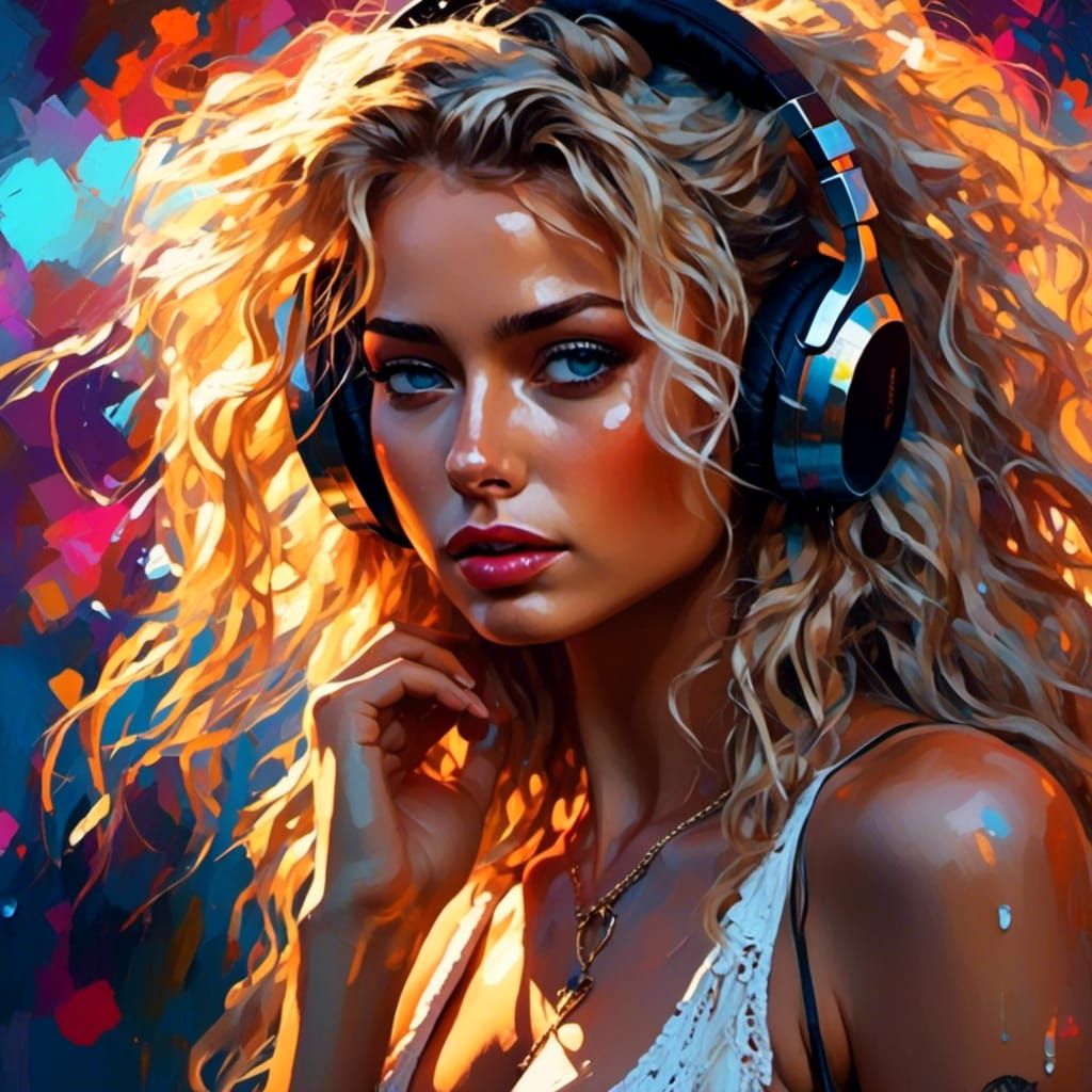 Woman with Headphones: Hyper-Realistic Digital Beach Portrai...