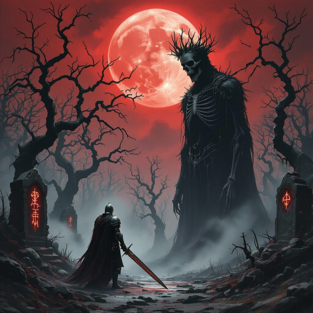 Knight Faces Wraith in Cursed Forest Under Blood Moon