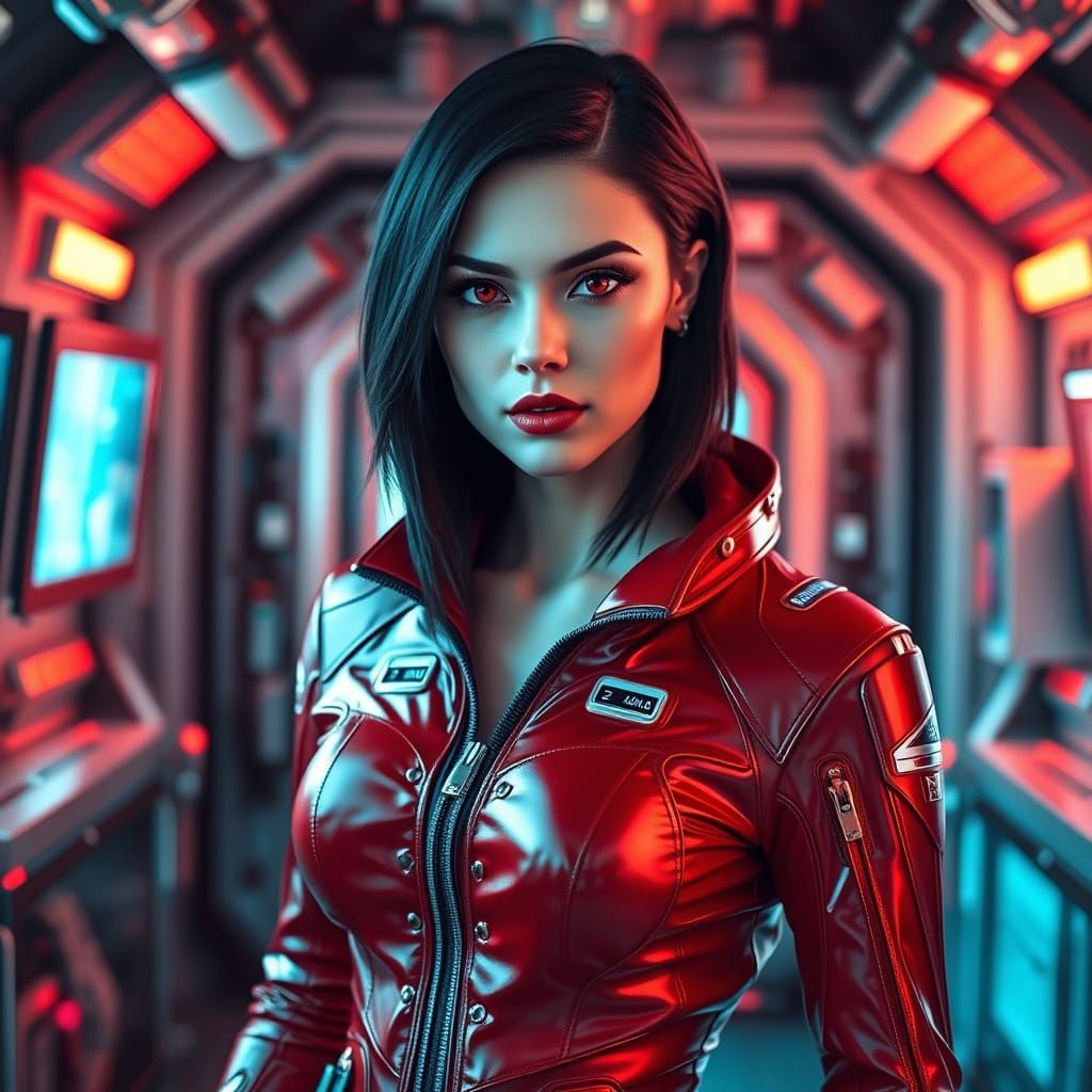 Elegant Space Explorer in Red Flight Suit Amidst Futuristic ...
