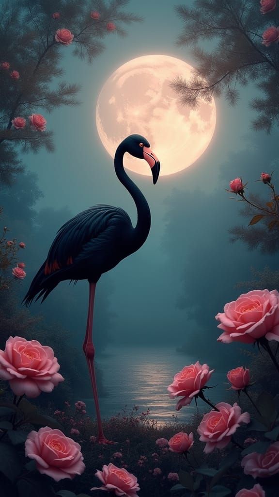 Ethereal Black Flamingo in Moonlit Rose Garden