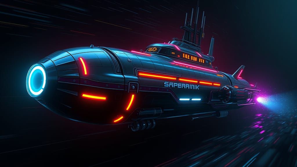 Cyberpunk Submarine Glides Through Neon-Lit Ocean