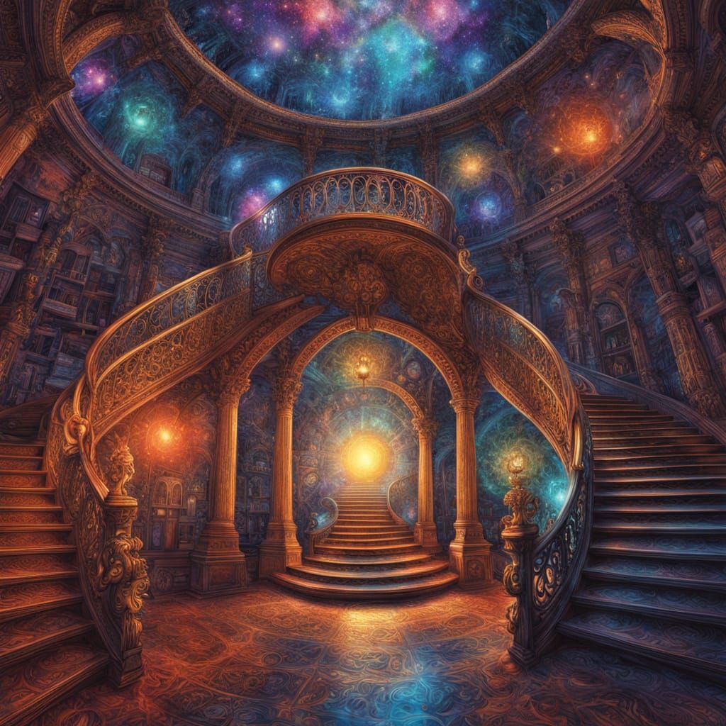 Cosmic Library Ascension in Vibrant Dreamlike Style