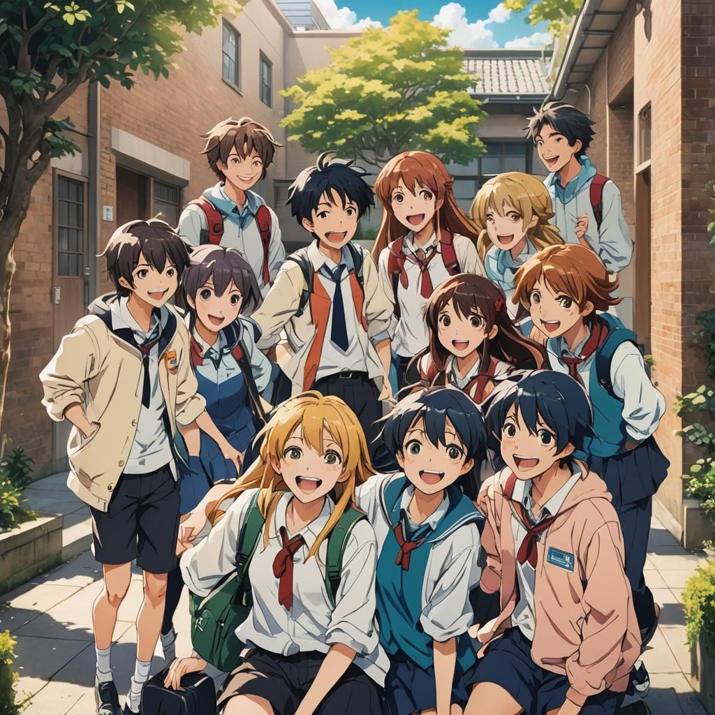 Anime Friends in School Courtyard, 90s Style