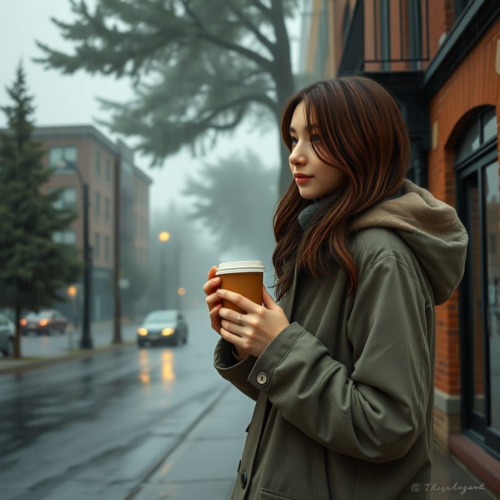 Seattle Dreamscape: Young Woman in Cozy Raincoat