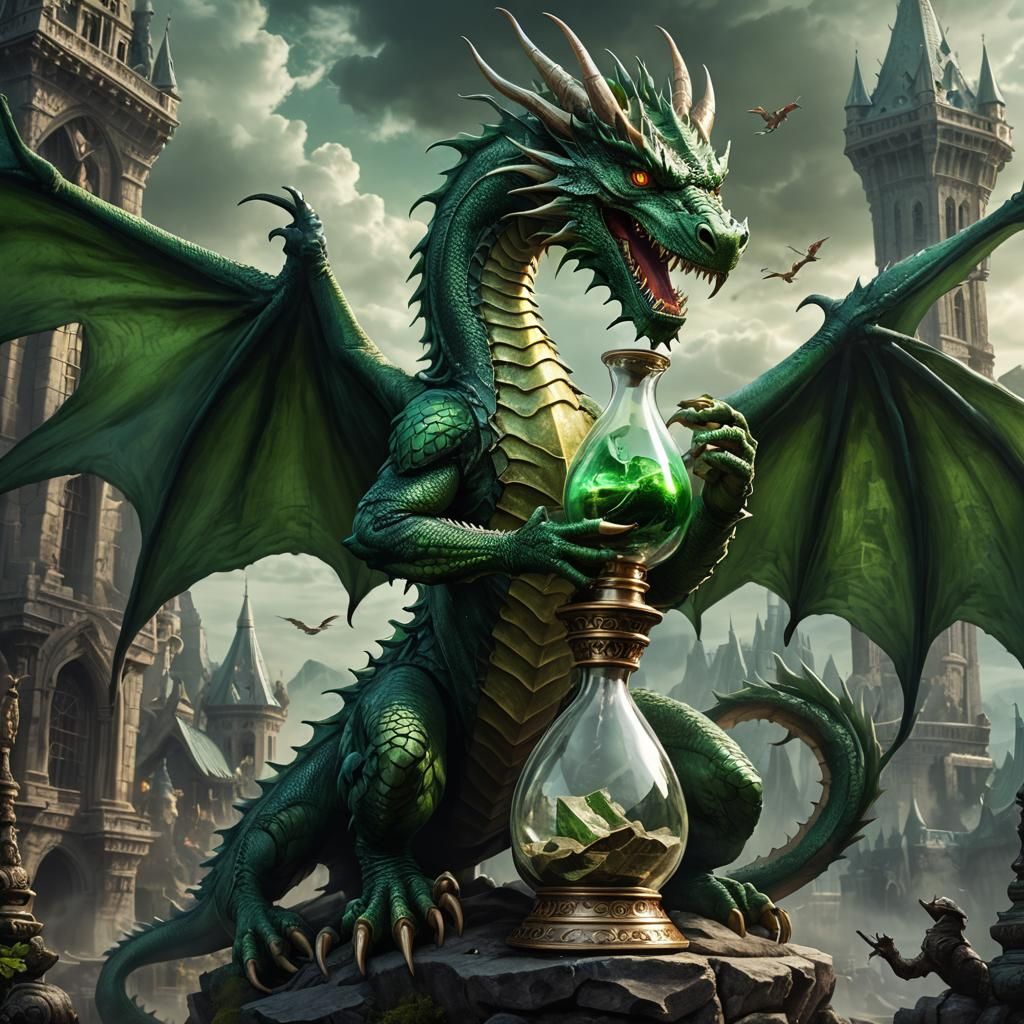 Green Dragon Holding Hourglass in Digital Painting