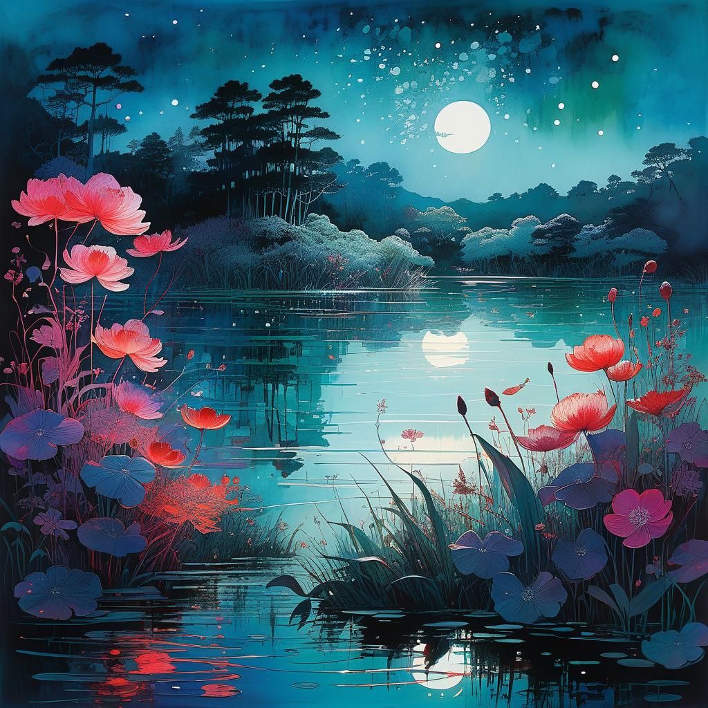 Mystical Lake Glade at Night: Stylized Watercolor Art