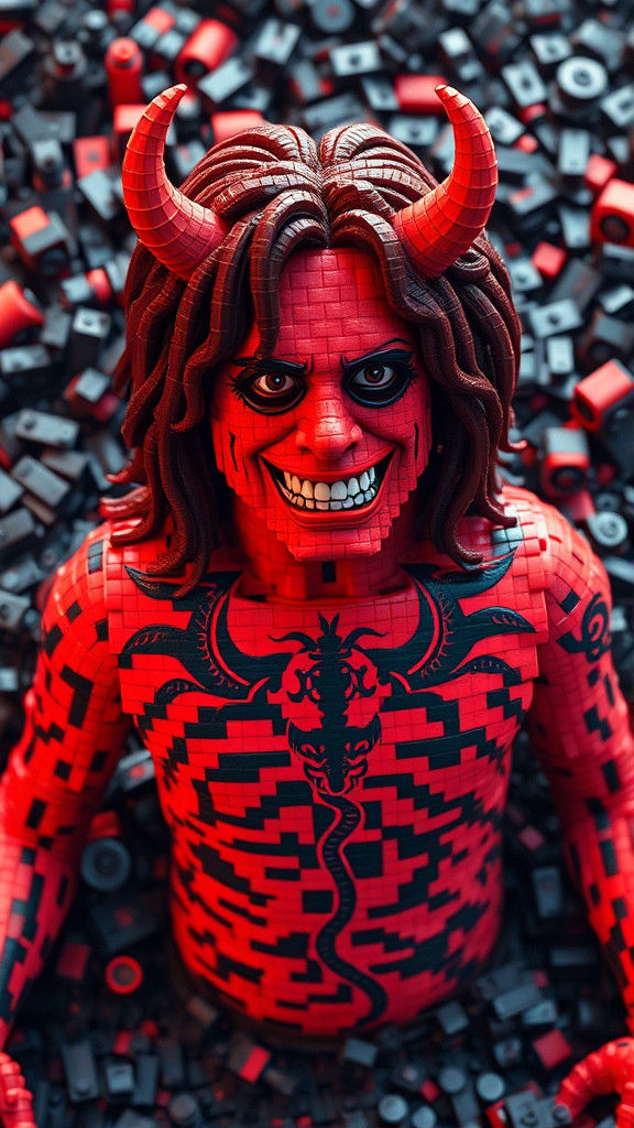 Surreal Lego Portrait of Ozzy Osbourne with Red Devil Tattoo
