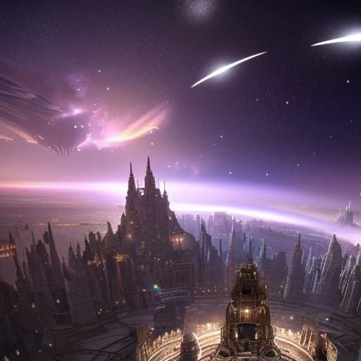 Galactic City in Sky with Castle and Meteors