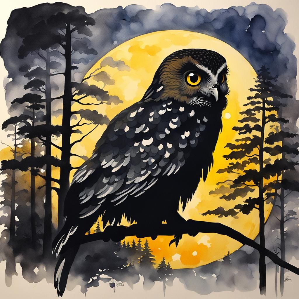 Morepork Owl Silhouette in Forest, Gouache and Ink