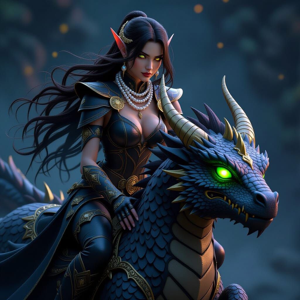 Elf Warrior on Dragon, Dark Fantasy Concept Art