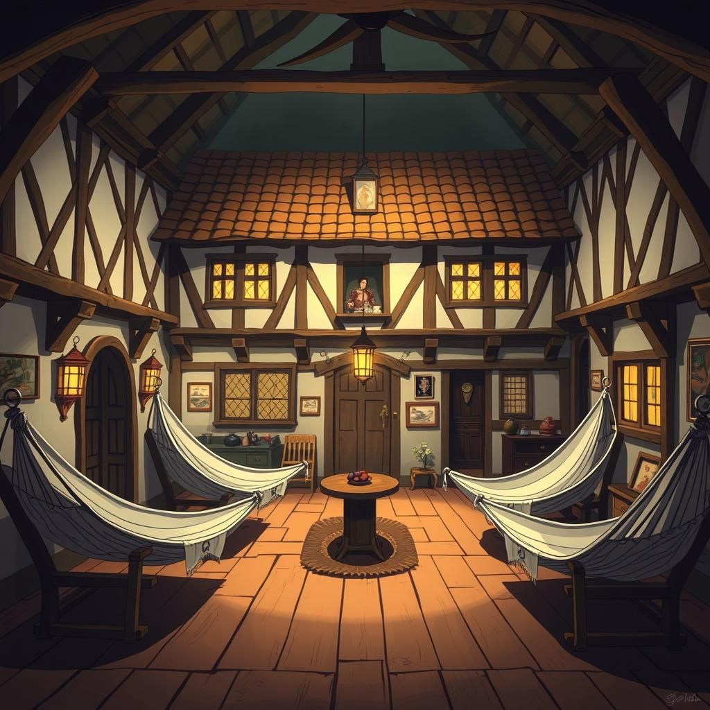 The inn is a two-storey half-timbered building, with a large...