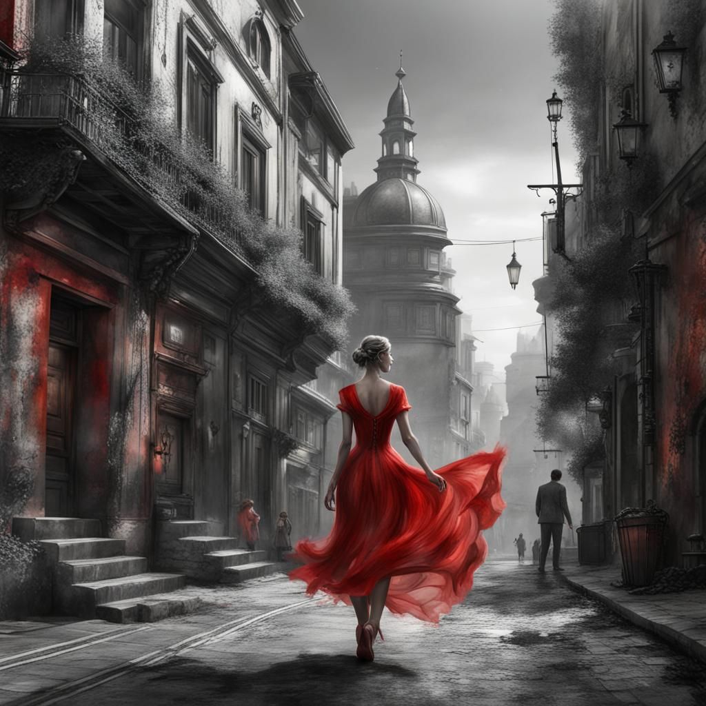 Woman in Red Dress: Black and White Watercolor