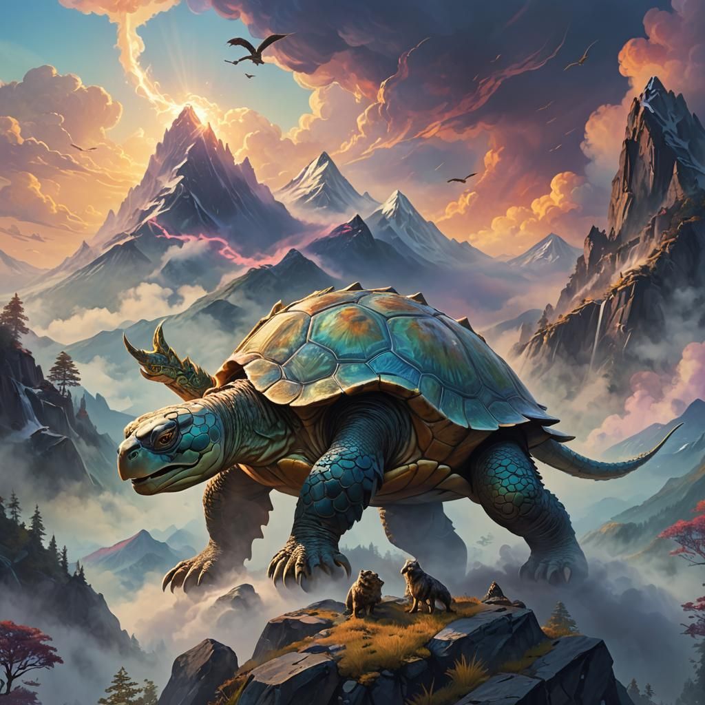 Horned Turtle Serpent and Wolves in Misty Mountains