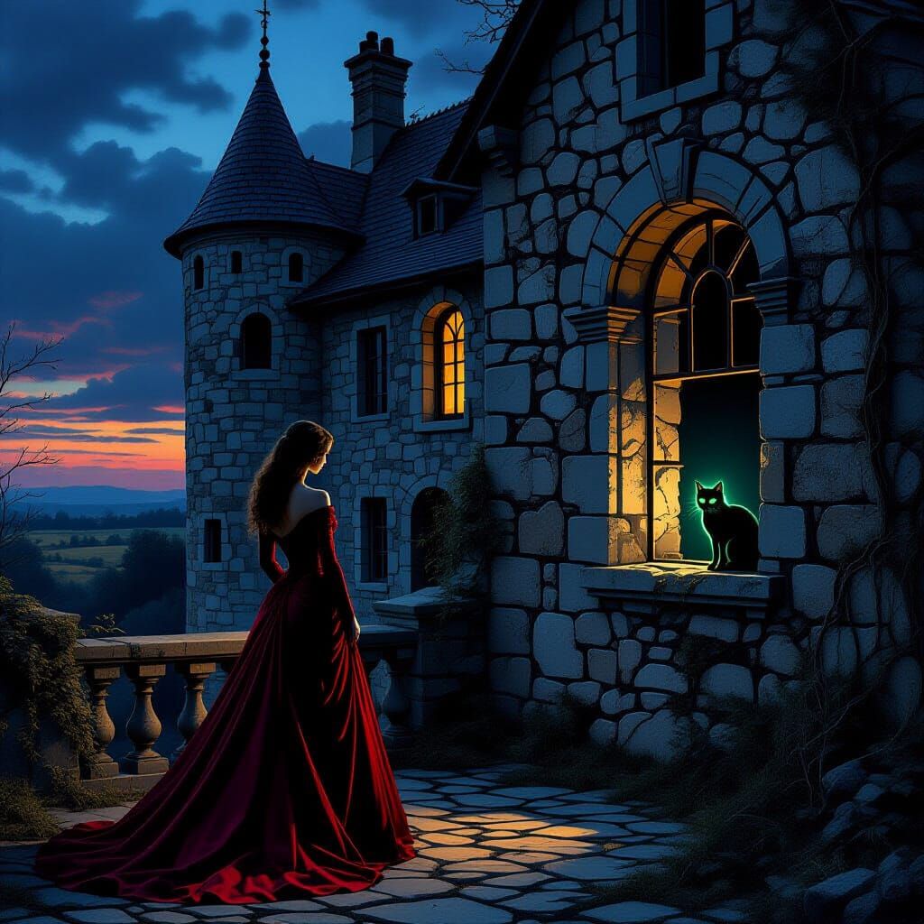 Elegant Dame at Twilight Château in Dark Oil Painting Style