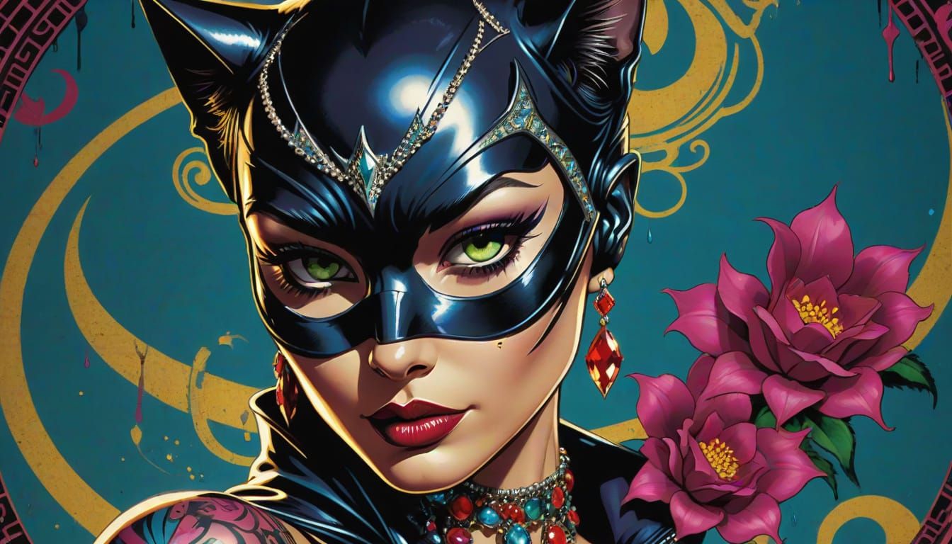 Catwoman in Bejeweled Costume with Tribal Tattoos