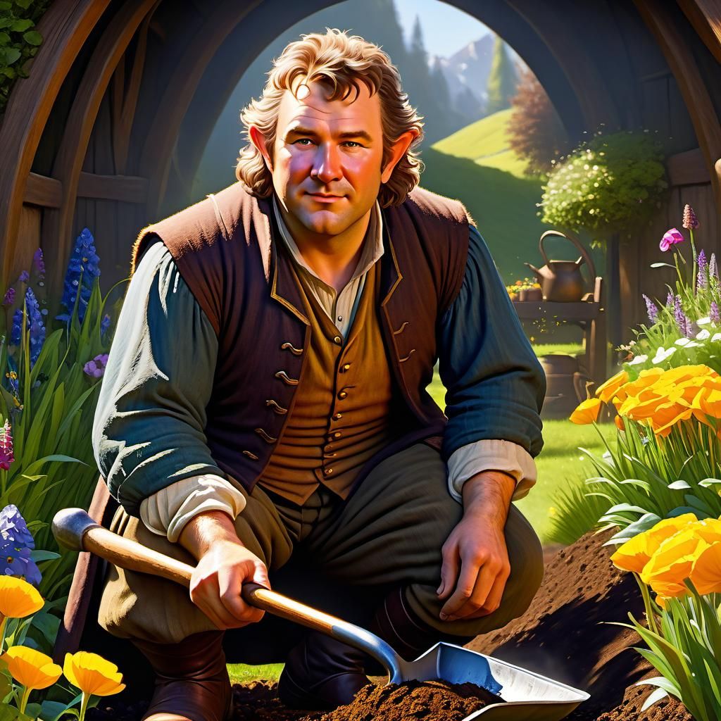 Kind Hobbit Gardener in The Shire, Fantasy Painting
