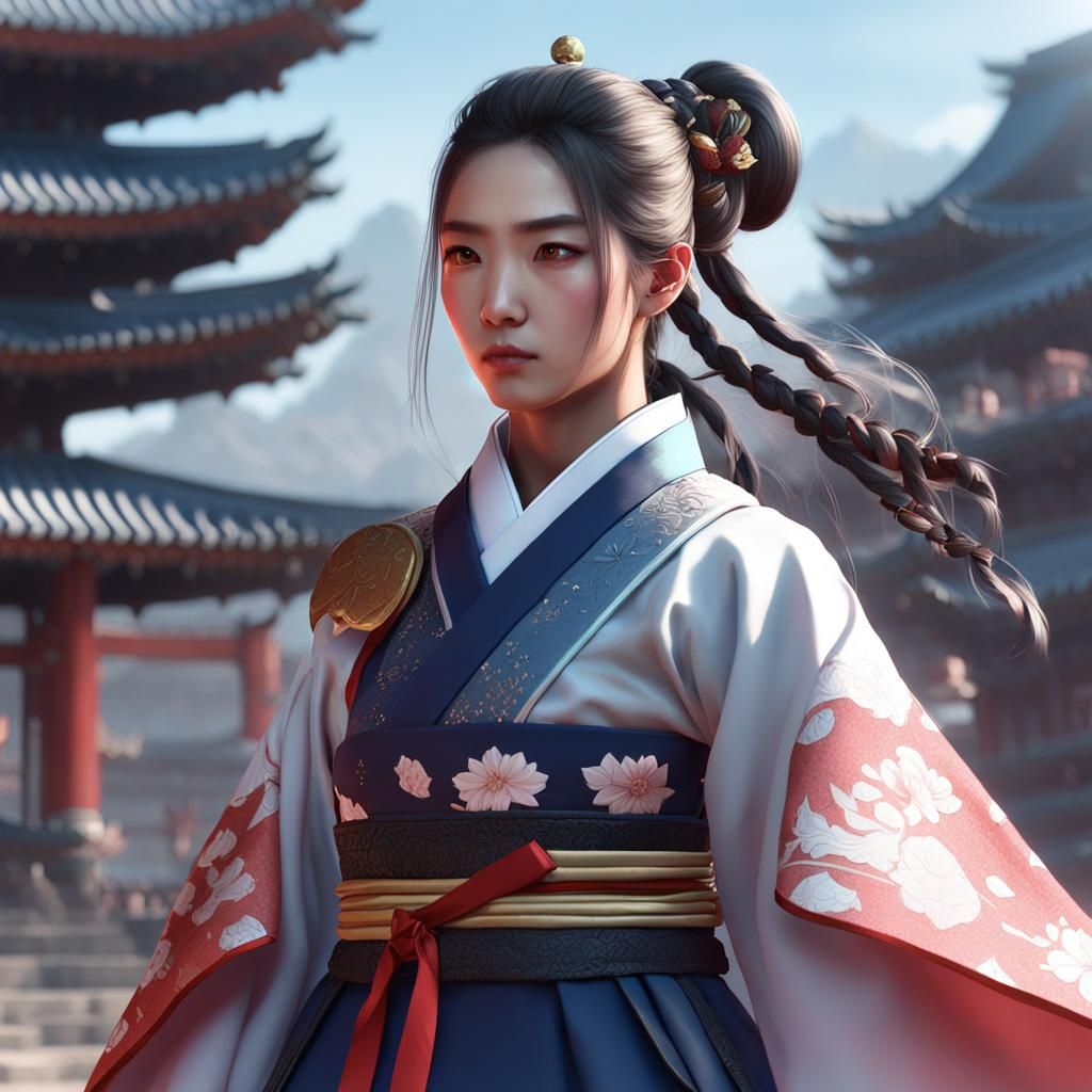 Sci-Fi Korean Warrior in Hanbok: 3D Anime Art
