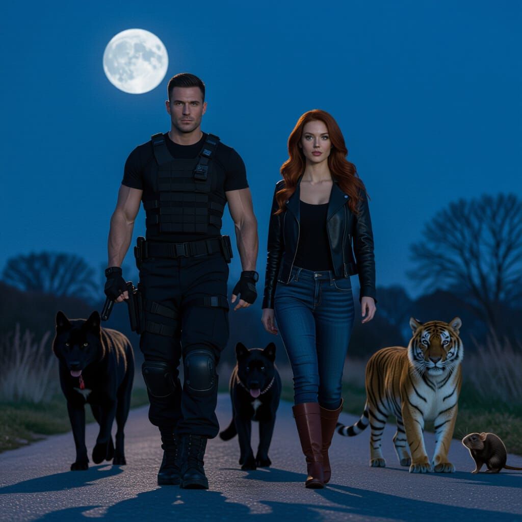 Moonlit Walk with Loyal Companions