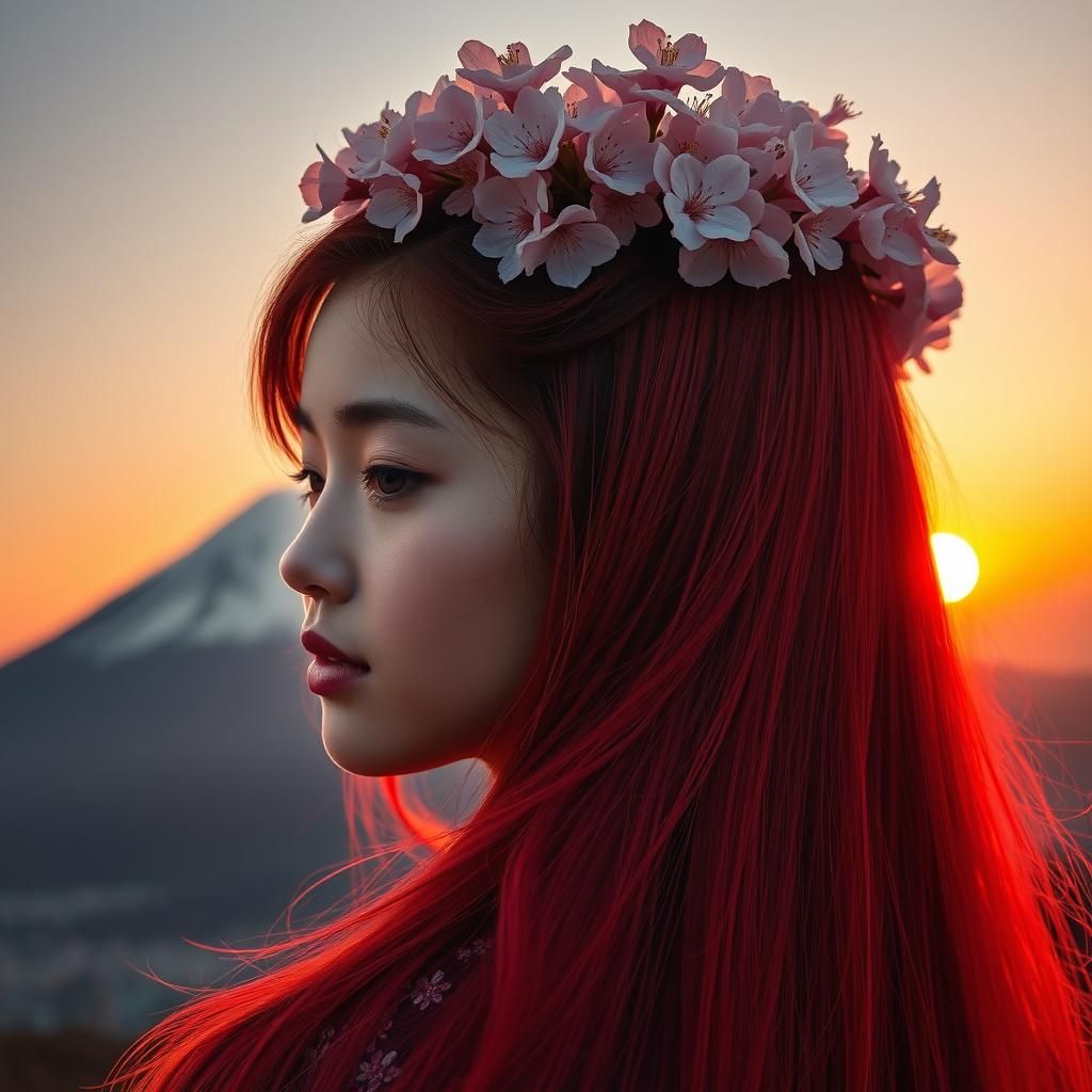 Japanese Girl with Cherry Blossoms and Mount Fuji