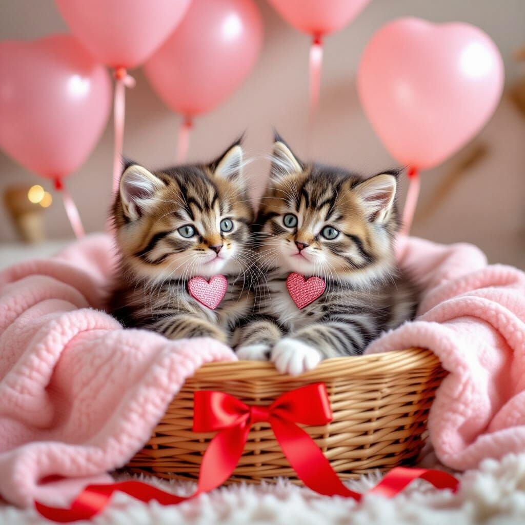 Fluffy Kittens Cuddled in Heart-Themed Basket
