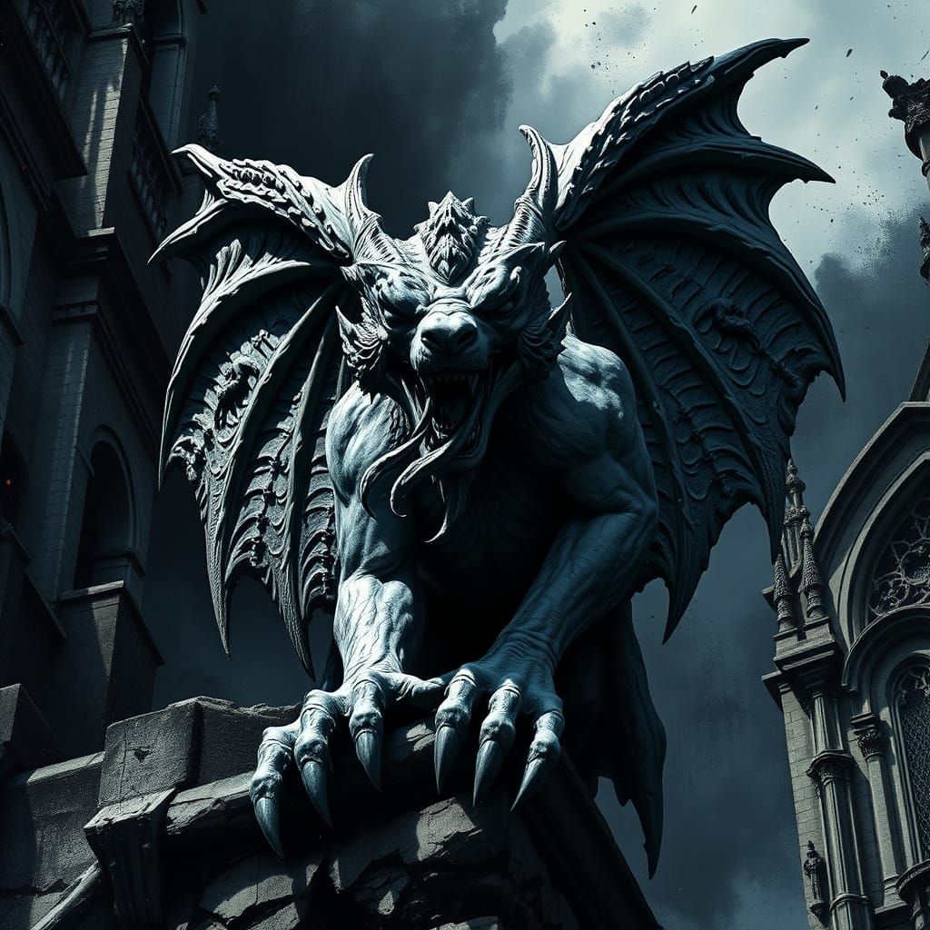Gothic Gargoyle Masterpiece in Dark, Hyper-Realistic Style