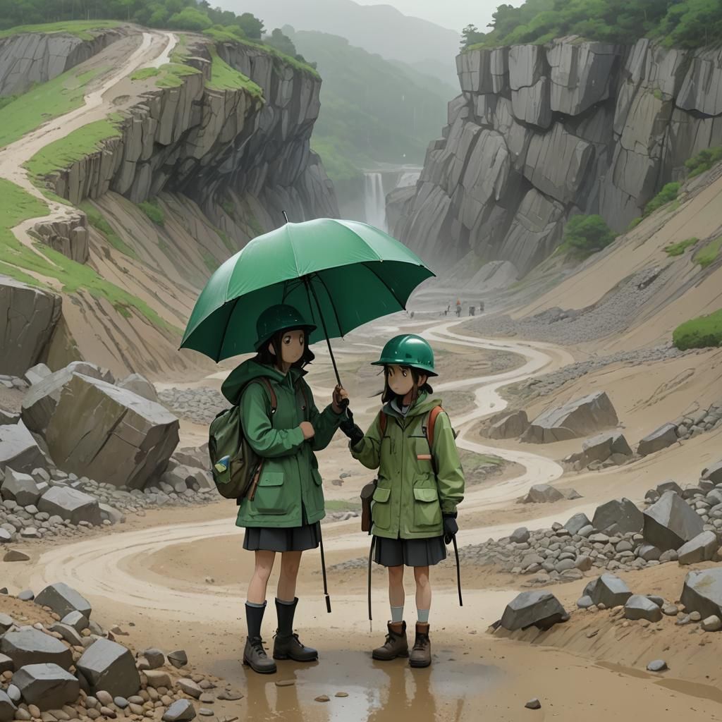 Geologists in Rainy Quarry, Studio Ghibli Style