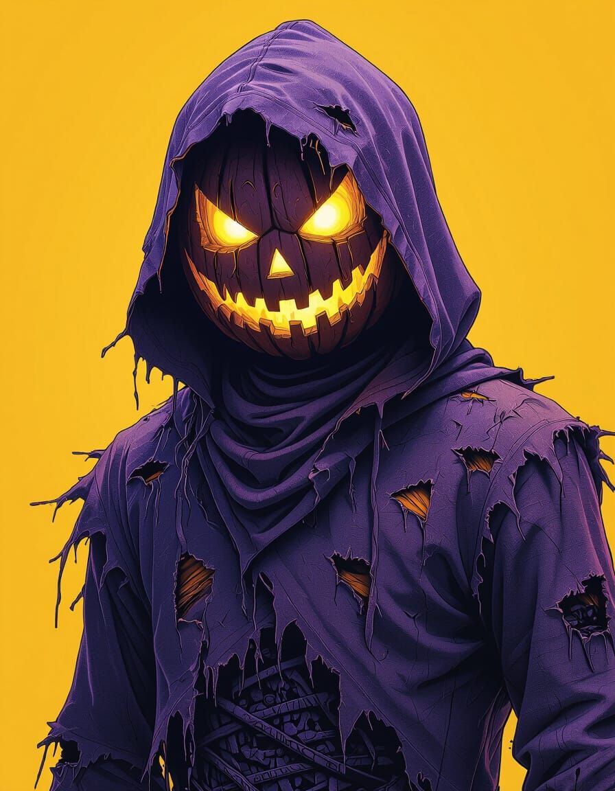 Creepy Scarecrow with Glowing Eyes and Pumpkin Head