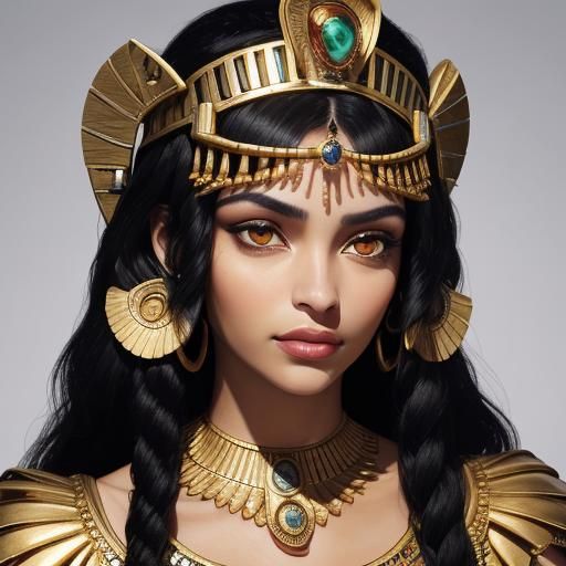 Cleopatra's face is that of a young woman with amber skin and features that are more European than African.