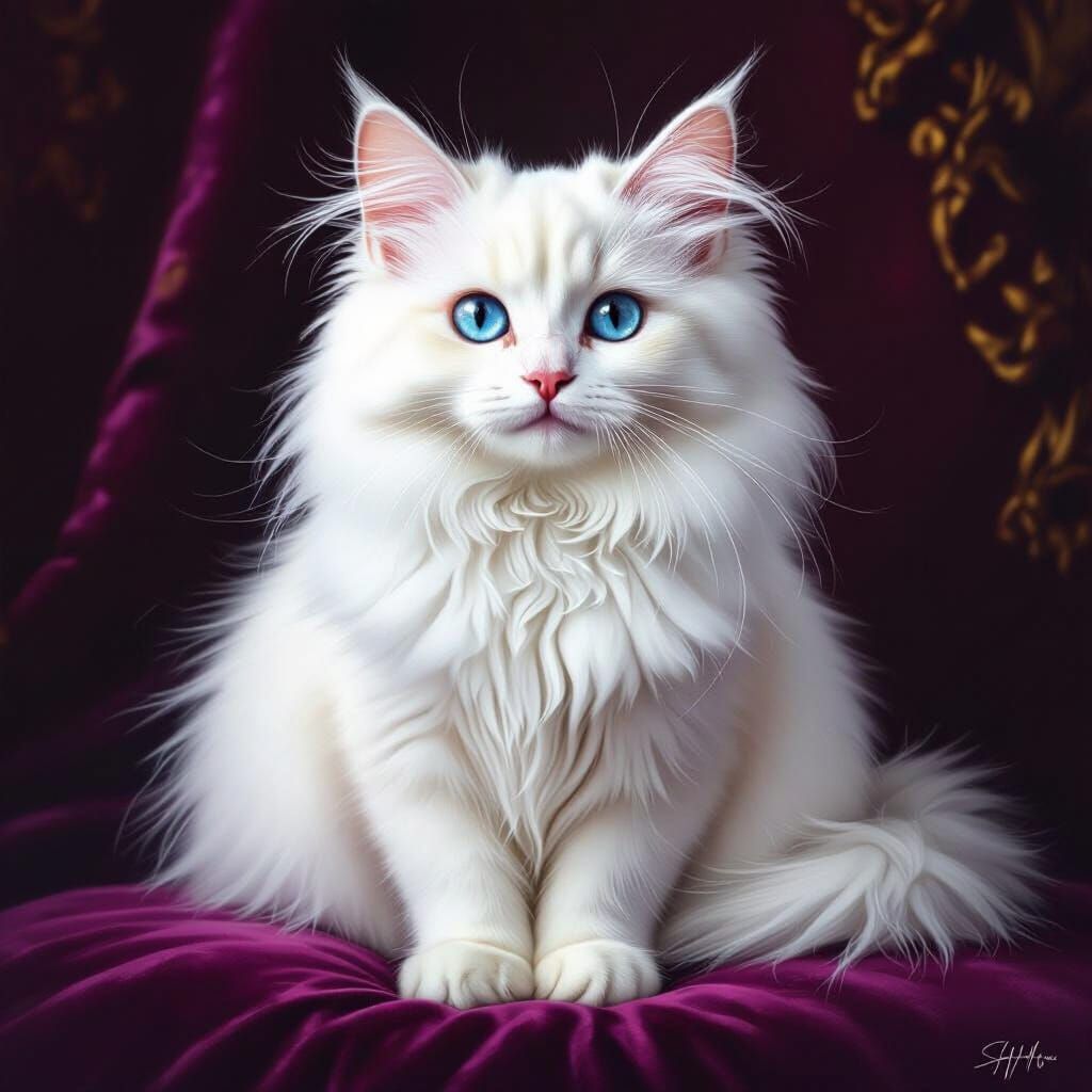 Fluffy White Cat With Blue Eyes on Velvet Cushion