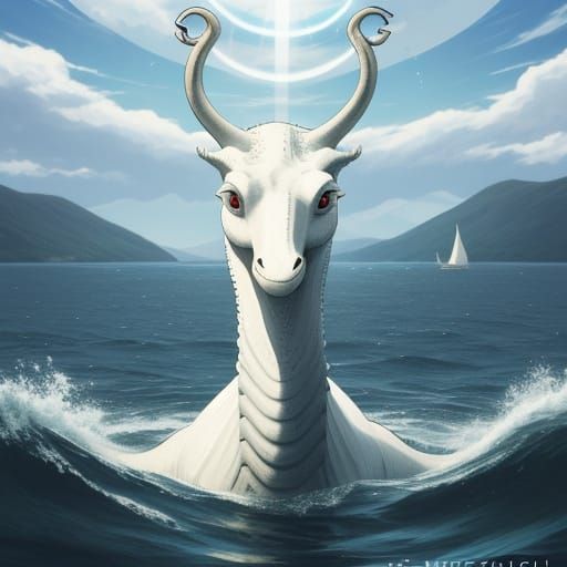 A long and slender eccentric anthropomorphic smiling Loch Ness Monster with a halo, its long neck sticking out of the wa...