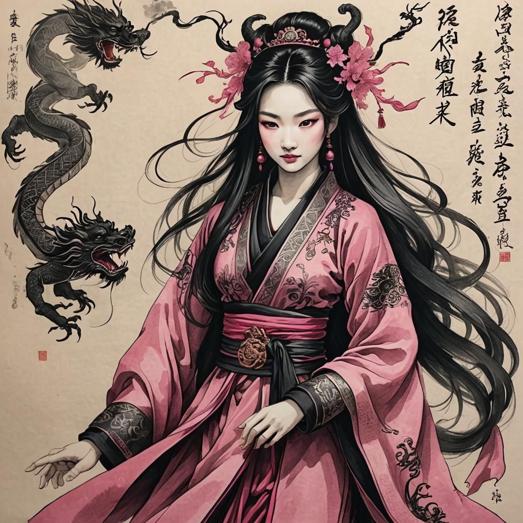 Chinese Dragon Princess in Pen and Ink Sketch