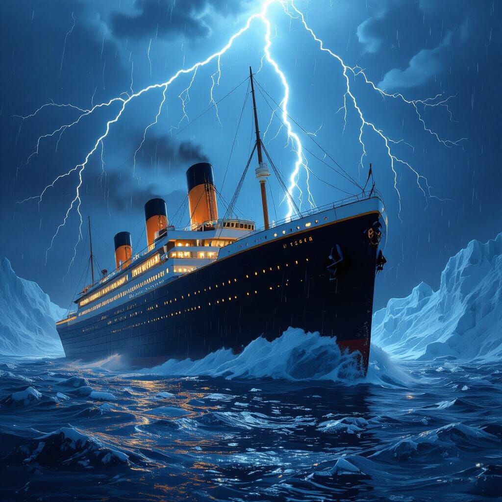 Titanic Collision with Iceberg in Lightning Storm