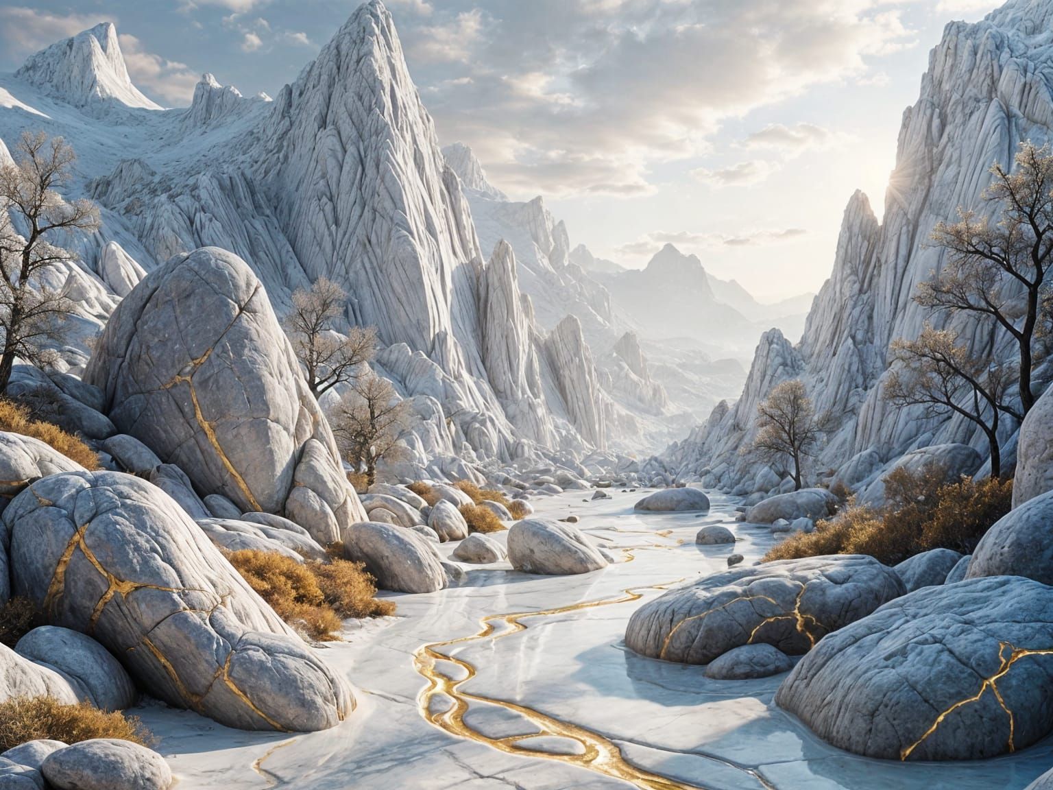 Marble Mountain with Golden Kintsugi Cracks